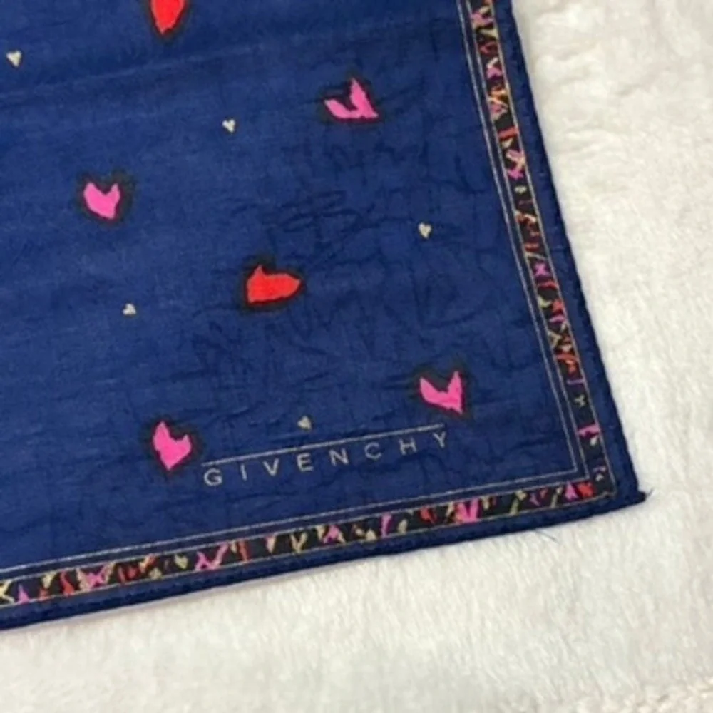 Vtg GIVENCHY Scarf Handkerchief Heart Cotton Navy Blue 18.5
